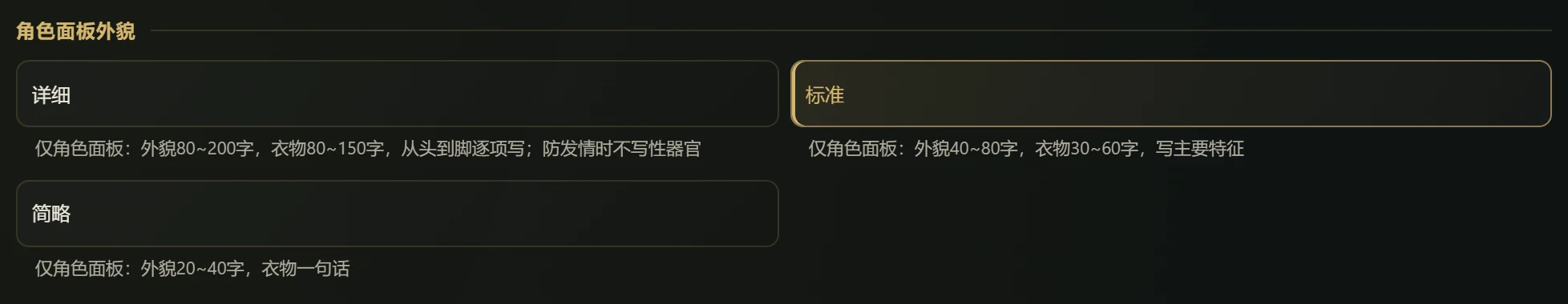 角色面板外貌三档：详细、标准、简略及字数说明