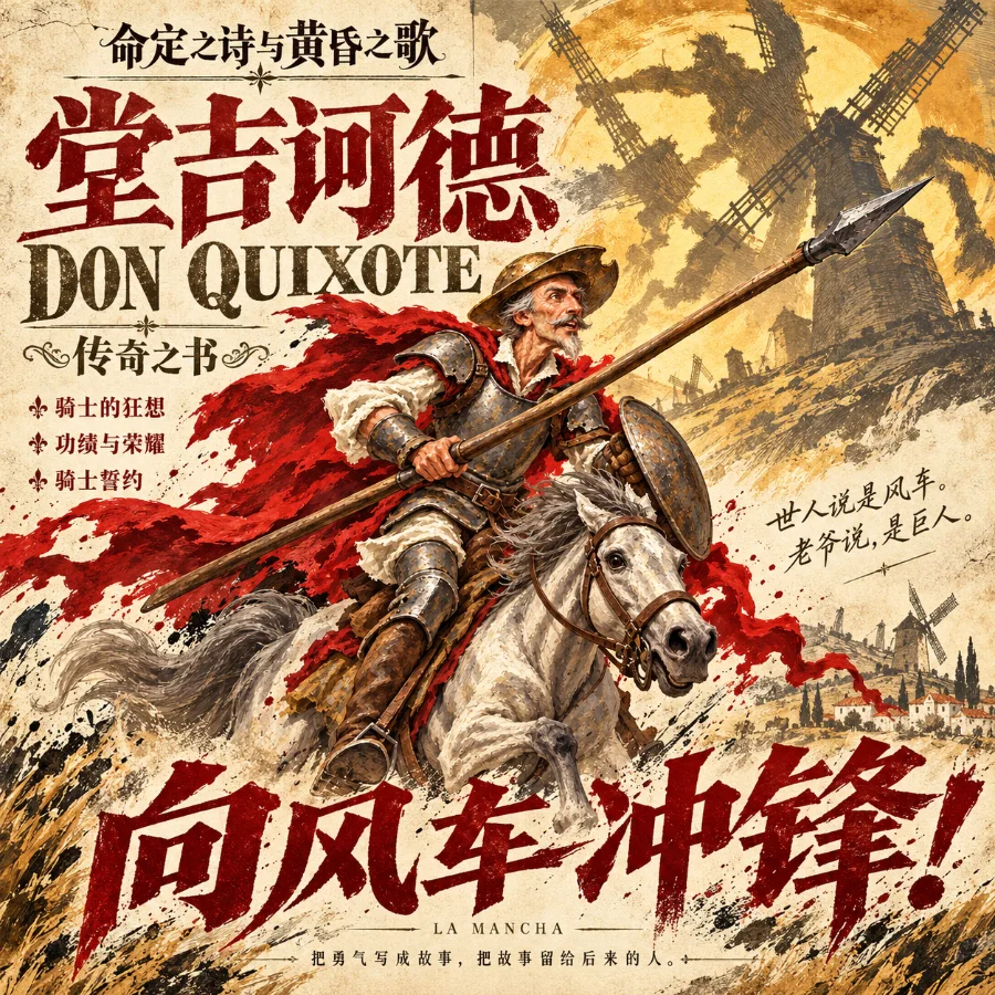 堂吉诃德海报：骑白马持长枪冲向风车